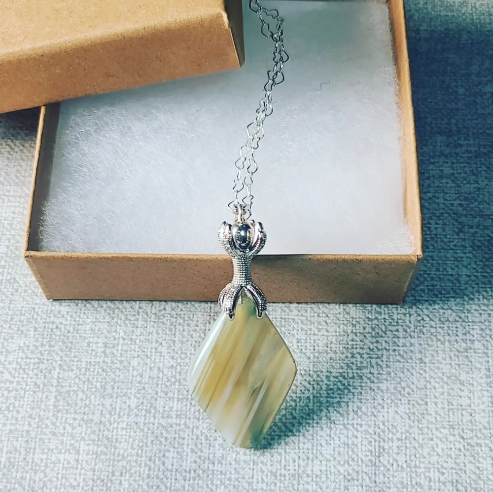 Green Lace Agate Rhombus Zirconia Stainless steel chain Pendant